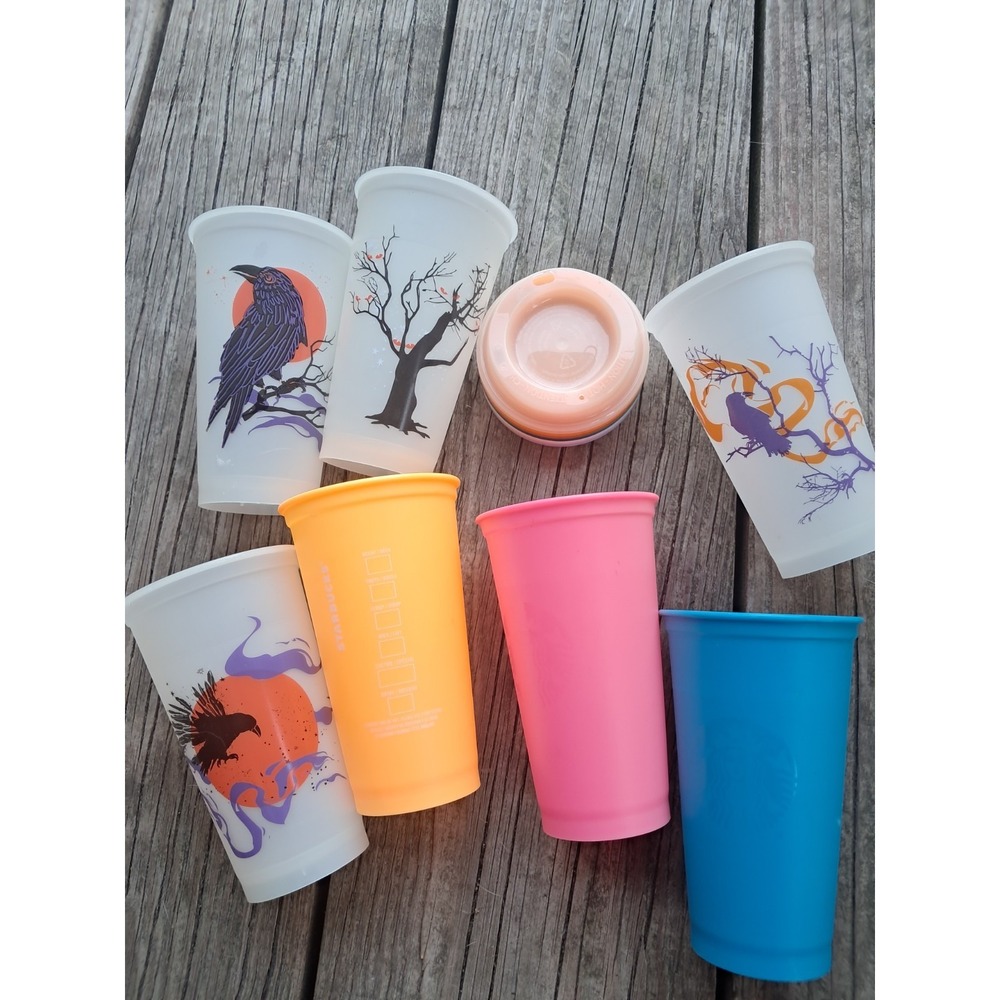 Starbucks Halloween Glow in Dark Reusable Hot Cups w/ Lids Set 7/16 oz. A2